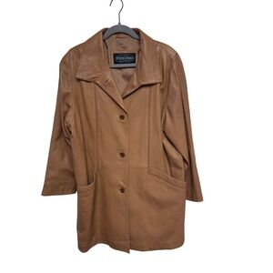 Overland Leather‎ Car Coat Jacket Button Front Tan Brown Menswear